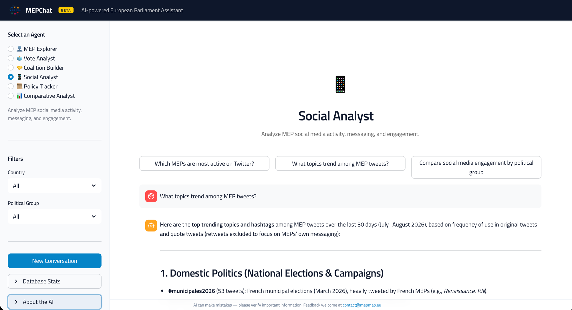 MEPChat beta interface — AI-powered European Parliament Assistant